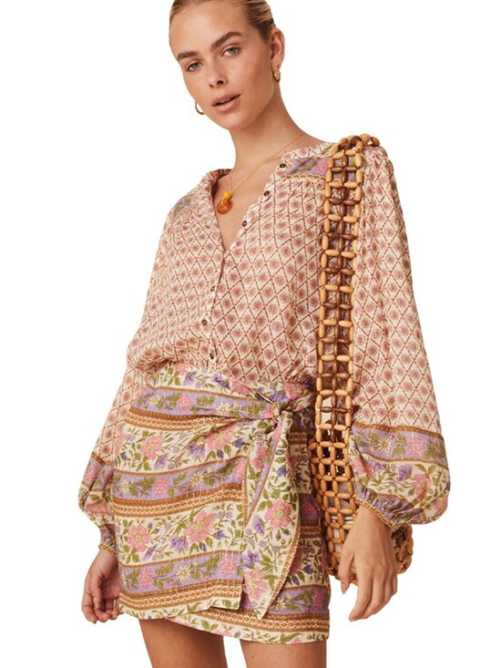 Mod Sky Tops - Multicolour Boho Floral Mixed Print Puff Sleeve Blouse